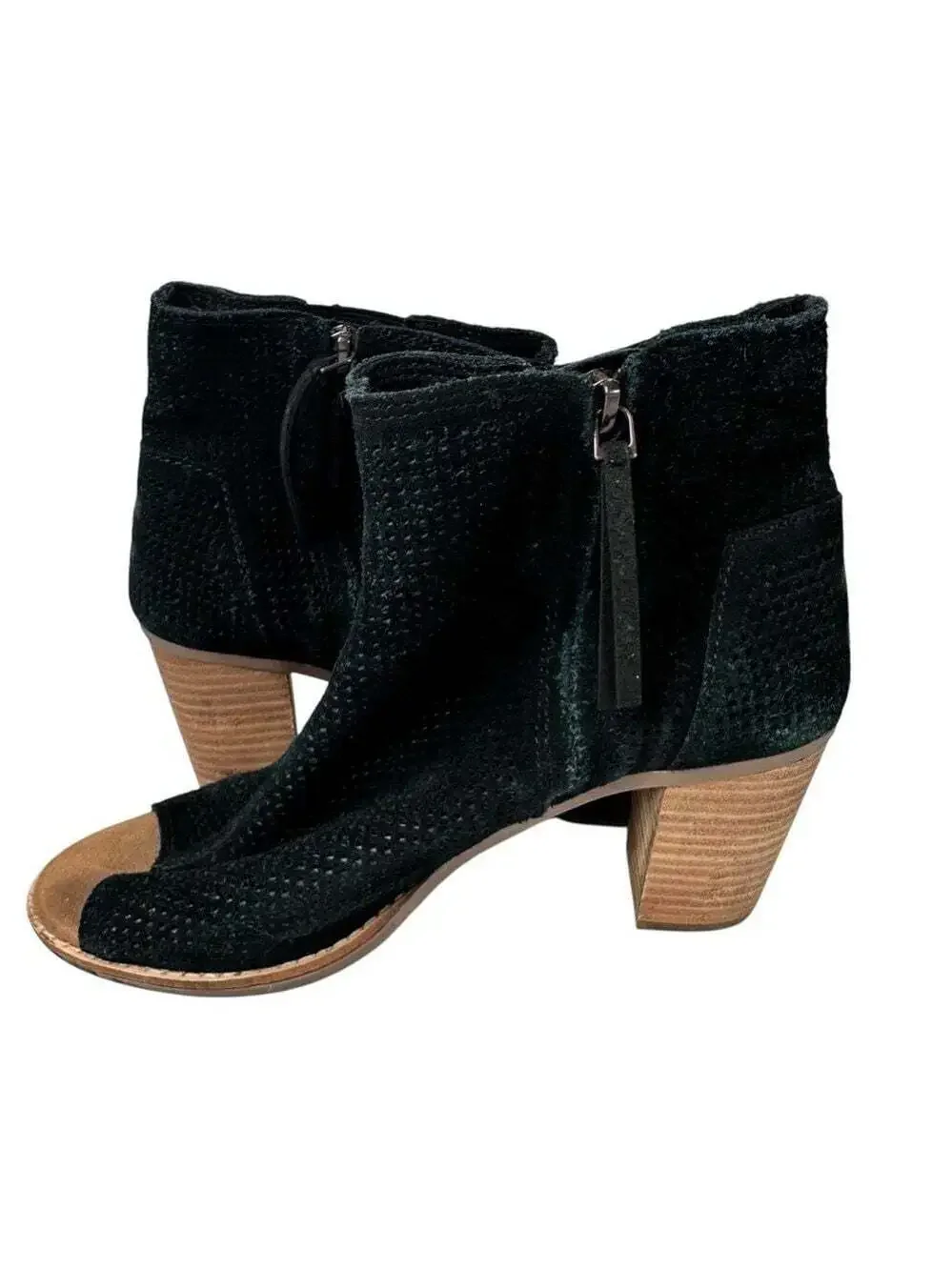 TOMS Majorca Black Suede Perforated Open Toe Booties Womens 7.5 Heels
